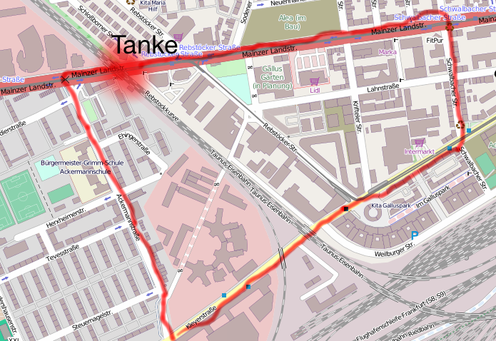 Der Weg zur Tanke, Screenshot von Open Street Maps. Lizenz: CC BY-SA 2.0.